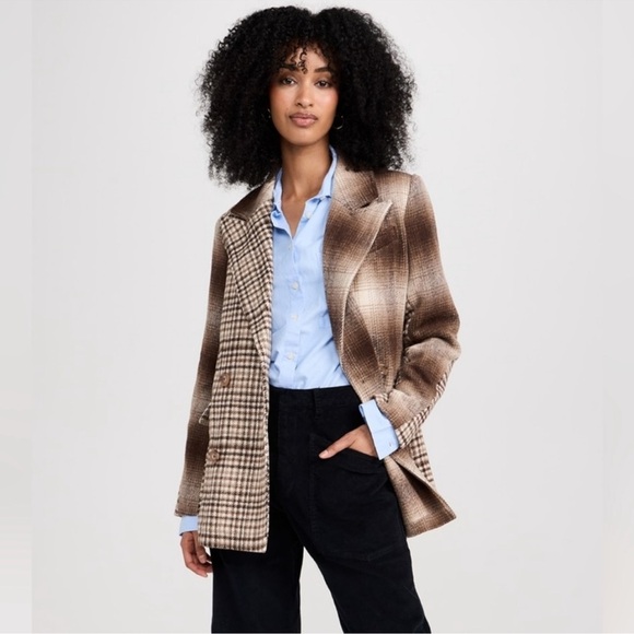 Avec Les Filles Mixed Brown Plaid Boxy Blazer S Flap Pockets Fawn Brown NEW! - Picture 1 of 15